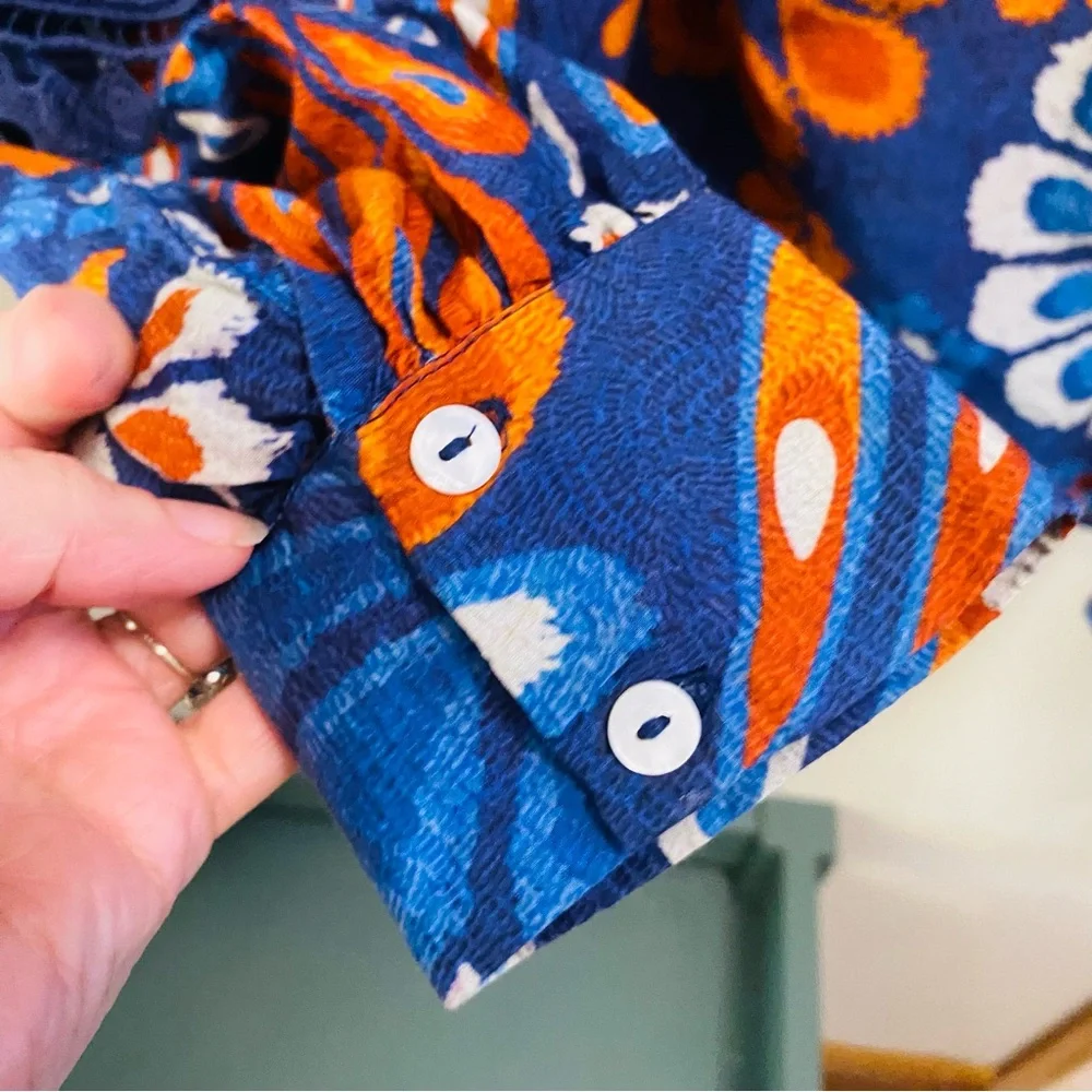 FARM RIO Smocked Pineapple Flowers Navy Blue Blouse Size Small - Picture 10 of 13